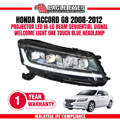 HONDA ACCORD G8 2008-2012 PROJECTOR LED HI-LO BEAM SEQUENTIAL SIGNAL WELCOME LIGHT ONE TOUCH BLUE HEADLAMP