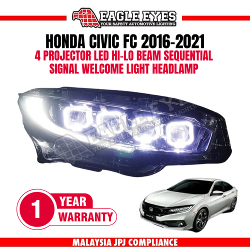 HONDA CIVIC FC 2016-2021 PROJECTOR LED HI-LO BEAM SEQUENTIAL SIGNAL WELCOME LIGHT BUGATTI STYLE HEADLAMP