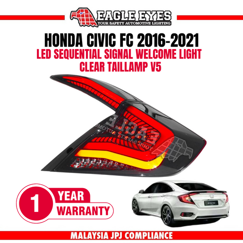 HONDA CIVIC FC 2016-2021 LED SEQUENTIAL SIGNAL WELCOME LIGHT CLEAR TAILLAMP V5