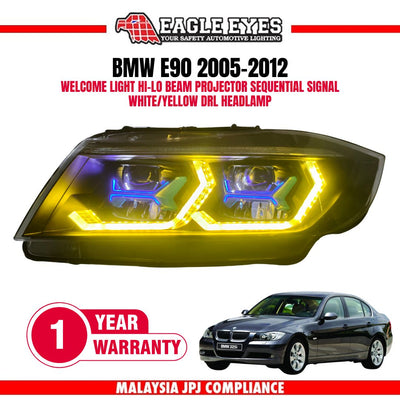 BMW 3 SERIES E90 2005-2012 WELCOME LIGHT HI LO BEAM PROJECTOR SEQUENTIAL SIGNAL (WHITE/YELLOW) DRL HEADLAMP