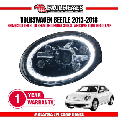 VOlKSWAGEN BEETLE 2013-2018 WELCOME LIGHT LED PROJECTOR HI-LO BEAM SEQUENTIAL SIGNAL CHRYSTAL STYLING HEADLAMP