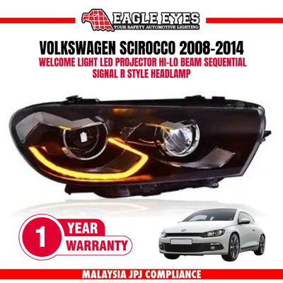 VOLKSWAGEN SCIROCCO 2008-2014 WELCOME LIGHT LED PROJECTOR HI-LO BEAM SEQUENTIAL SIGNAL R STYLE HEADLAMP