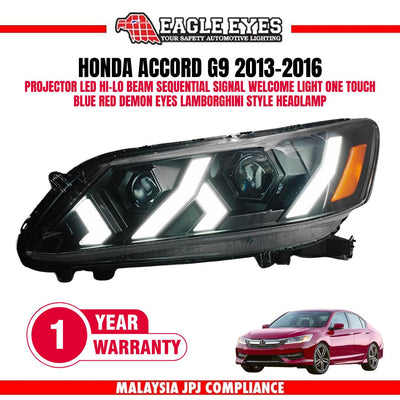HONDA ACCORD G9 2013-2016 WELCOME LIGHT LED PROJECTOR HI-LO BEAM ONE TOUCH BLUE RED DEMON EYES SEQUENTIAL SIGNAL LAMBOGHINI STYLE HEADLAMP