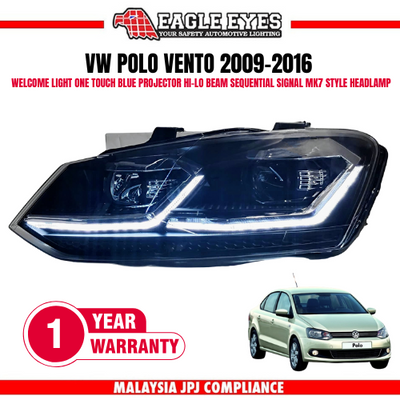 VOLKSWAGEN POLO VENTO 2009-2018 WELCOME LIGHT ONE TOUCH BLUE PROJECTOR HI-LO BEAM SEQUENTIAL SIGNAL MK7 STYLE HEADLAMP