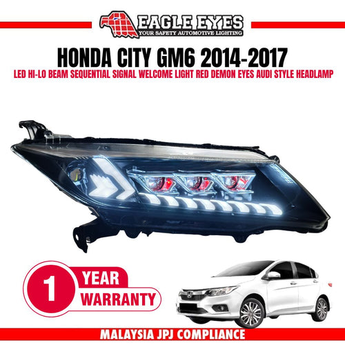 HONDA CITY GM6 2014-2017 LED HI-LO BEAM SEQUENTIAL SIGNAL WELCOME LIGHT RED DEMON EYES AUDI STYLE HEADLAMP