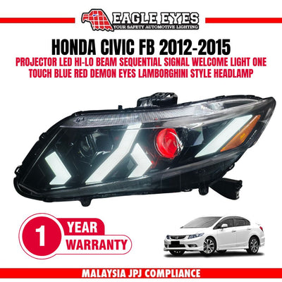 HONDA CIVIC FB 2012-2015 WELCOME LIGHT LED PROJECTOR HI LO BEAM ONE TOUCH BLUE RED DEMON EYES SEQUENTIAL SIGNAL LAMBOGHINI STYLE HEADLAMP