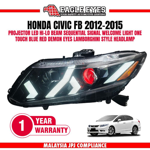HONDA CIVIC FB 2012-2015 WELCOME LIGHT LED PROJECTOR HI LO BEAM ONE TOUCH BLUE RED DEMON EYES SEQUENTIAL SIGNAL LAMBOGHINI STYLE HEADLAMP