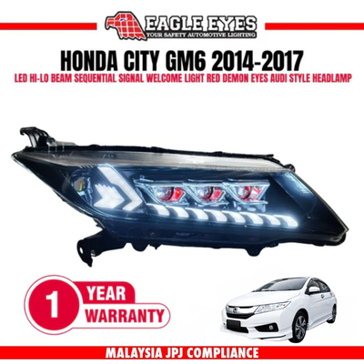 HONDA CITY GM6 2014-2017 LED HI-LO BEAM SEQUENTIAL SIGNAL WELCOME LIGHT RED DEMON EYES AUDI STYLE HEADLAMP