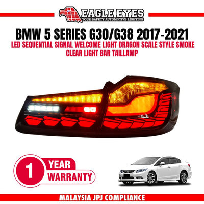 BMW 5 SERIES G30 G38 2017-2021 LED SEQUENTIAL SIGNAL WELCOME LIGHT DRAGON SCALE STYLE SMOKE CLEAR LIGHT BAR TAILLAMP