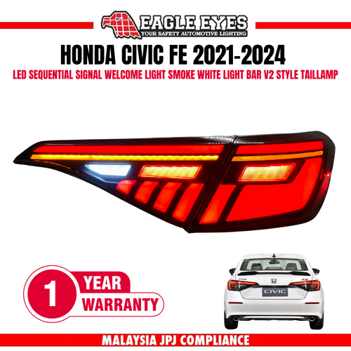 HONDA CIVIC FE 2021-2025 LED SEQUENTIAL SIGNAL WELCOME LIGHT SMOKE WHITE LIGHT BAR V2 STYLE TAILLAMP