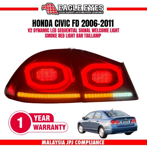 HONDA CIVIC FD 2006-2011 V2 DYNAMIC LED SEQUENTIAL SIGNAL WELCOME LIGHT SMOKE RED LIGHT BAR TAILLAMP