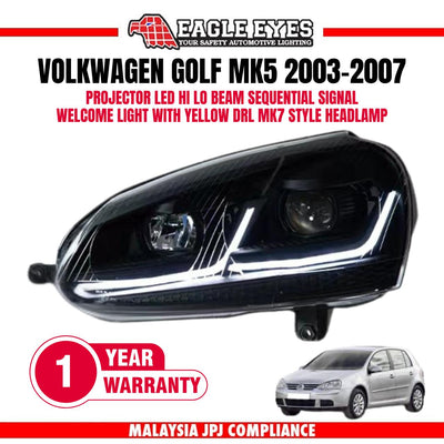 VOLKSWAGEN GOLF MK5 2003-2008 PROJECTOR LED HI LO BEAM WELCOME LIGHT SEQUENTIAL SIGNAL (WHITE/YELLOW DRL) MK7 STYLE HEADLAMP