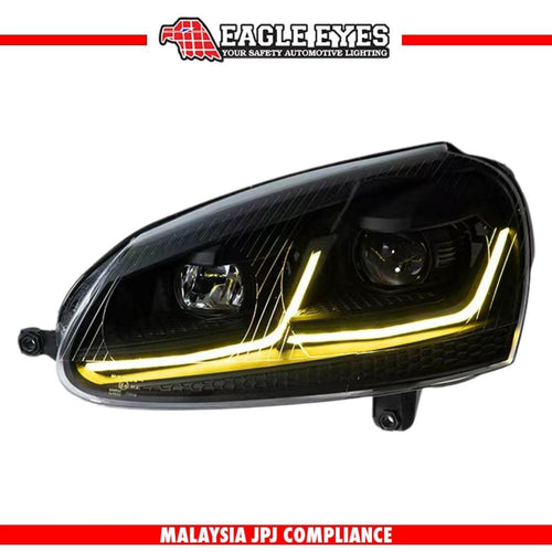 VOLKSWAGEN GOLF MK5 2003-2008 PROJECTOR LED HI LO BEAM WELCOME LIGHT SEQUENTIAL SIGNAL (WHITE/YELLOW DRL) MK7 STYLE HEADLAMP