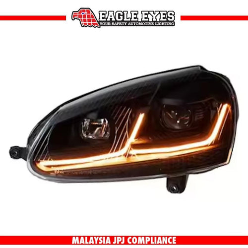 VOLKSWAGEN GOLF MK5 2003-2008 PROJECTOR LED HI LO BEAM WELCOME LIGHT SEQUENTIAL SIGNAL (WHITE/YELLOW DRL) MK7 STYLE HEADLAMP