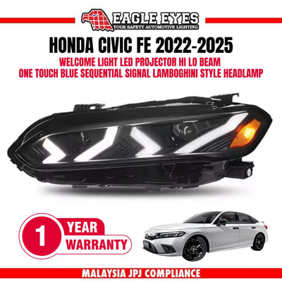 HONDA CIVIC FE 2022-2025 WELCOME LIGHT LED PROJECTOR HI-LO BEAM ONE TOUCH BLUE SEQUENTIAL SIGNAL LAMBOGHINI STYLE HEADLAMP