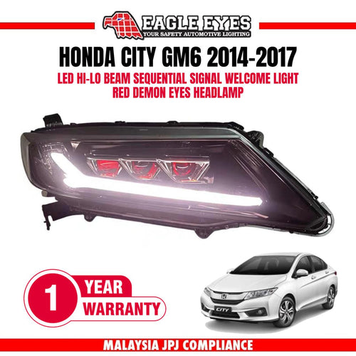 HONDA CITY GM6 2014-2017 LED HI-LO BEAM SEQUENTIAL SIGNAL WELCOME LIGHT RED DEMON EYES HEADLAMP