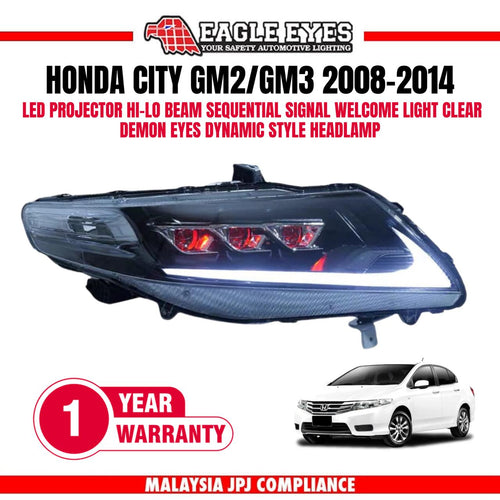 HONDA CITY GM2/GM3 2008-2014 LED PROJECTOR HI-LO BEAM SEQUENTIAL SIGNAL WELCOME LIGHT CLEAR DEMON EYES DYNAMIC STYLE HEADLAMP