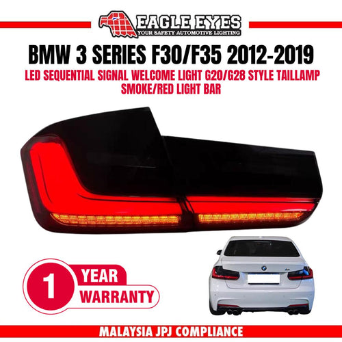 BMW 3 SERIES F30/F35 2012-2019 LED SEQUENTIAL SIGNAL WELCOME LIGHT G20/G28 STYLE (SMOKE/RED LIGHT BAR) TAILLAMP