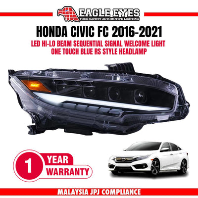 HONDA CIVIC FC 2016-2021 LED HI-LO BEAM SEQUENTIAL SIGNAL WELCOME LIGHT ONE TOUCH BLUE RS STYLE HEADLAMP