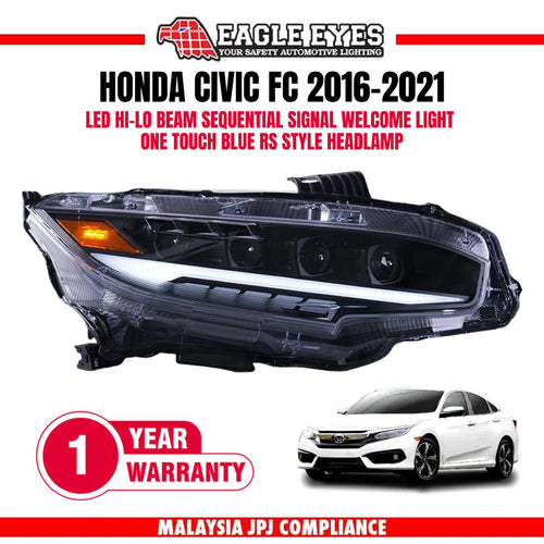HONDA CIVIC FC 2016-2021 LED HI-LO BEAM SEQUENTIAL SIGNAL WELCOME LIGHT ONE TOUCH BLUE RS STYLE HEADLAMP