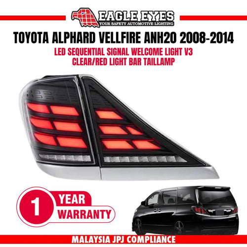 TOYOTA ALPHARD VELLFIRE ANH20 2008-2014 LED SEQUENTIAL SIGNAL WELCOME LIGHT V3 CLEAR RED LIGHT BAR TAILLAMP