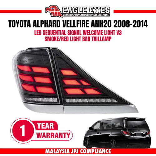 TOYOTA ALPHARD VELLFIRE ANH20 2008-2014 LED SEQUENTIAL SIGNAL WELCOME LIGHT V3 SMOKE RED LIGHT BAR TAILLAMP